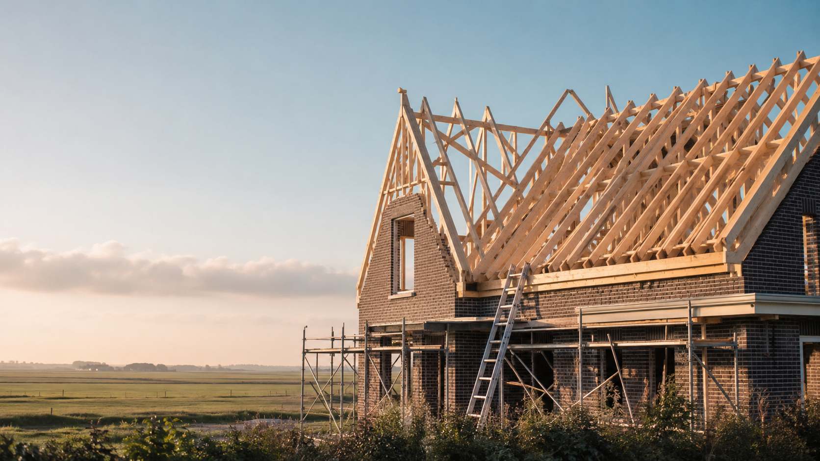 Timmerwerk aan een woning in aanbouw