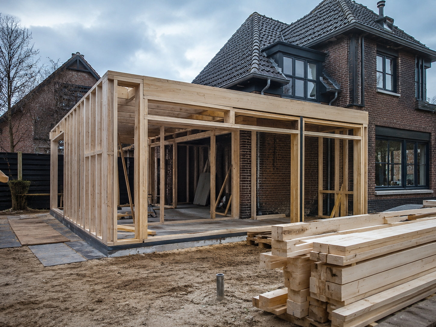 Nieuw houten stijl- en regelwerk aan een bestaande woning
